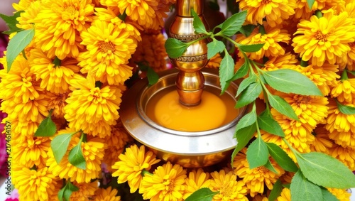 Golden ritual garland with ceremonial oil lamp surrounded by fresh marigolds with made bright yellow