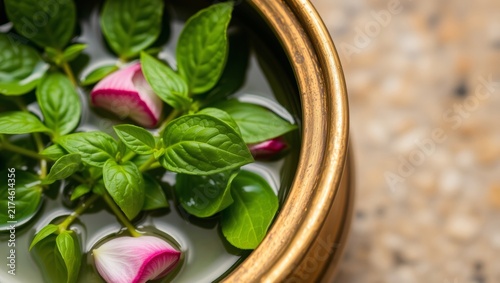 Fresh green aromatic leaves and buds nestled in polished brass traditional container with background