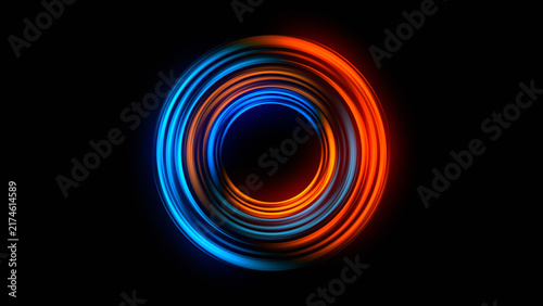 Canvastavla Abstract glowing blue and orange concentric circles light vortex on black backgr