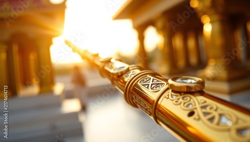 Golden ornate musical instrument with gemstone accents in warm backlit lighting with bathed warm