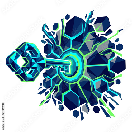 Abstract Digital Key and Geometric Explosion on White Background