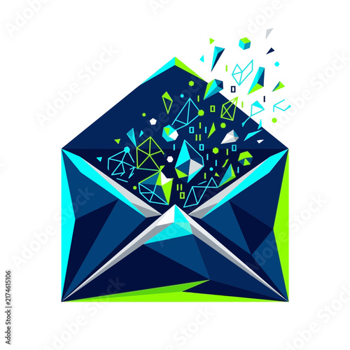 Abstract exploding email envelope with geometric shapes and data