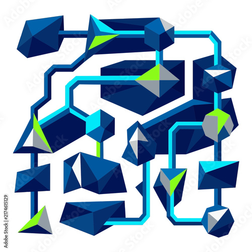 Abstract geometric network, blue, green, grey polygons, futuristic tech concept