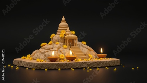 Sacred miniature hill temple with glowing lamps with meticulously crafted miniature architectural