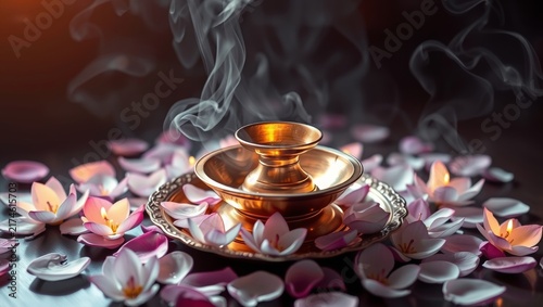 Ethereal brass ritual bowl glowing warmly amid soft pink lotus petals with rising incense smoke