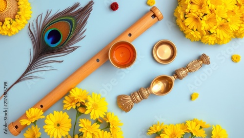 Traditional ceremonial flute peacock feathers golden ritual bowls vibrant yellow blooms flat lay