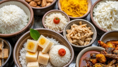Assorted traditional rice bowls with savory dishes sweet toppings with vibrant array traditional