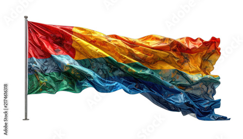 A vibrant, multi-colored flag with a distressed texture waves gracefully. isolated on white background.