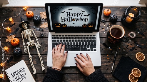 Working on Halloween laptop screen with spooky decorations and hands typing
