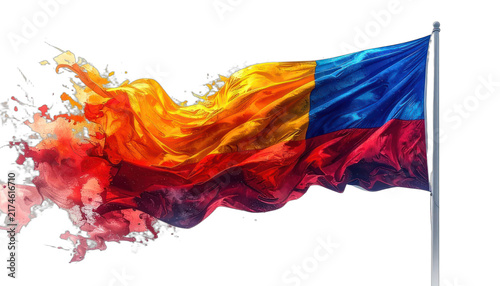 A vibrant flag with a fiery, abstract splash effect on one side. isolated on white background.