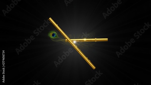 Elegant golden flute and iridescent feather fusion in dark space with intersecting vibrant peacock