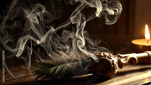 Mystical incense smoke swirling around ornate peacock feathers on dark wooden surface with spiritual