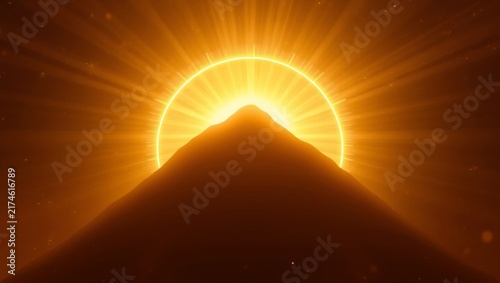 Golden hill silhouette radiating divine light against cosmic dark background with glowing hill halo