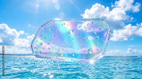 Floating Transparent Plastic Container with Water Droplets on Bright Sunny Day