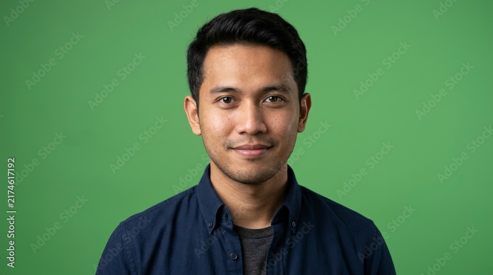 Fototapeta premium Portrait of Confident Young Asian Man Smiling at Camera Isolated on Green Screen Background