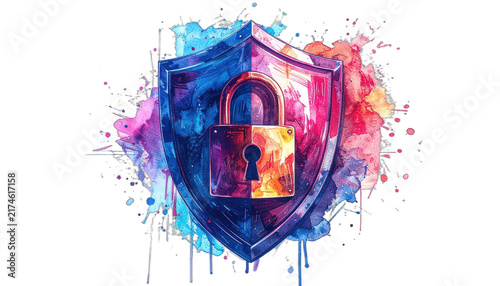 A vibrant watercolor depiction of a shield and lock, symbolizing protection and security with colorful abstract splashes. isolated on white background.