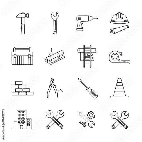 Construction Tool Icon Set for Engineering and Building Design