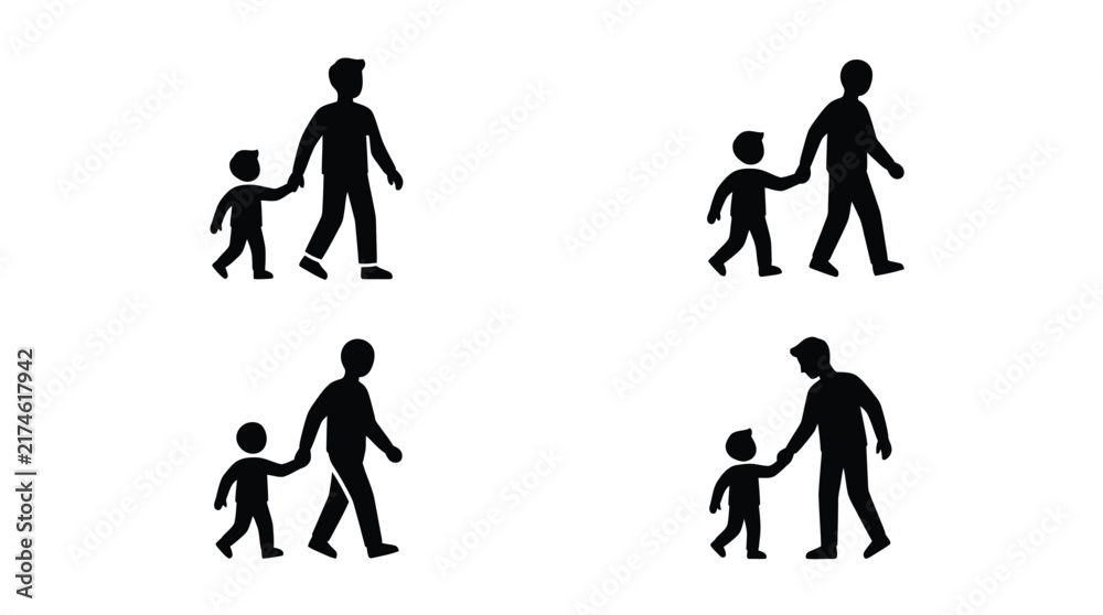 Obraz premium Silhouettes of adult and child holding hands black on white background