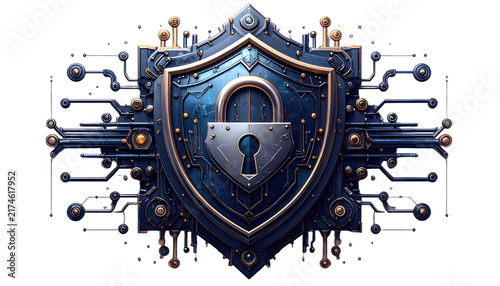 A stylized shield with a padlock is intricately detailed with circuitry elements, representing digital security. isolated on white background.