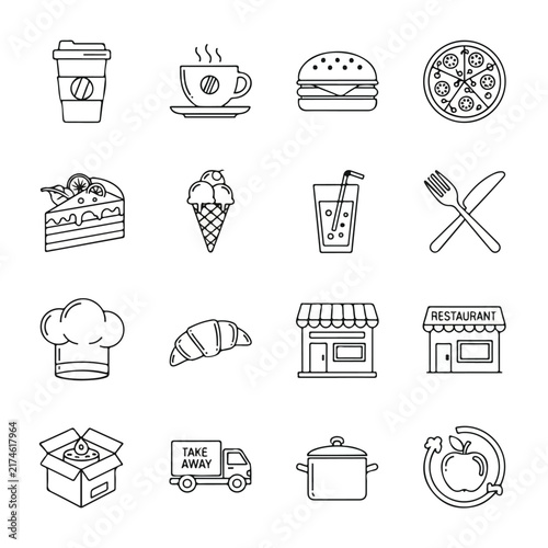 Food Icon Set Line Art for Restaurant Menu and Delivery Branding