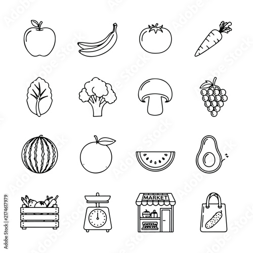 Vegetable and Fruit Line Icon Set for Grocery Market Design