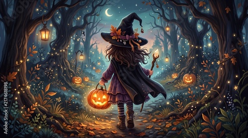 Little witch walking in a magical enchanted forest at night