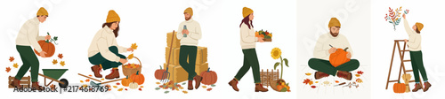 Flat vector illustration set of diverse people engaged in various autumn activities including harvesting pumpkins, gathering leaves, and decorating for the season.