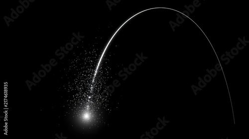 parabolic. Sleek glowing white parabolic trajectory of dots on black background. product launch decks, UI/UX mockups, designed for product launches and innovation pitches, highlights innovation.