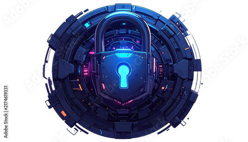 A futuristic digital padlock with glowing blue keyhole and intricate mechanical components. isolated on white background.