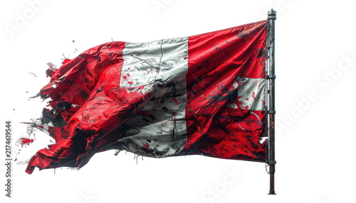 A tattered and distressed Peruvian flag waving majestically. isolated on white background.