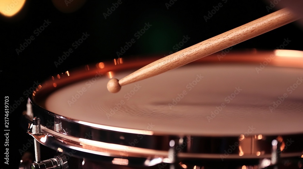 Obraz premium timpani. Close-up of a timpani drumhead with a drumstick poised just above its center. event programs, museum guides, designed for cultural heritage projects and event programs, preserves heritage.