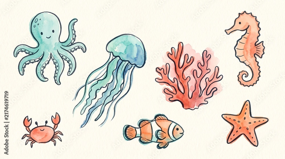 Obraz premium Cute watercolor sea creatures, hand-drawn marine life illustration set, adorable ocean animals for children's designs, vibrant underwater fauna collection, whimsical aquatic elements.