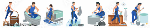 Set of illustrations showing athletes using ice baths and cold plunge tubs for muscle recovery and wellness therapy.