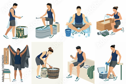 Collection of flat vector illustrations showing various people practicing cold water therapy and ice baths for athletic recovery.