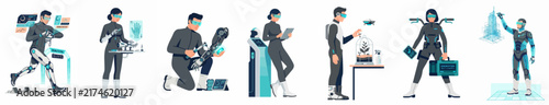 Set of futuristic character illustrations featuring people in high-tech suits interacting with advanced technology, virtual reality, cybernetics, and science equipment on white background.