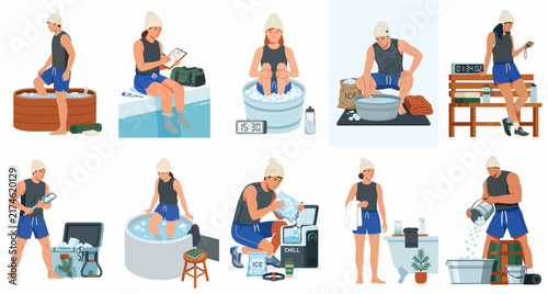 Vector illustration set of an athlete performing various cold water immersion and ice bath techniques for muscle recovery and wellness.