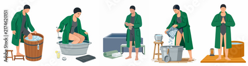 Sequence of five illustrations showing a man in a green bathrobe performing traditional bathing and cold water therapy rituals, including ice baths and relaxation.