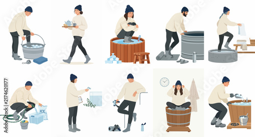 Flat illustration set of people practicing cold water therapy, ice baths, and winter wellness routines for health and recovery.