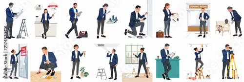 Set of diverse professional characters in business attire performing various tasks related to real estate, property inspection, maintenance, and management services.