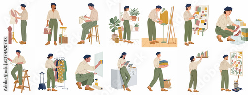 Creative Male Professional Character in Different Working Poses and Occupations Related to Fashion, Interior Design, and Lifestyle Management.