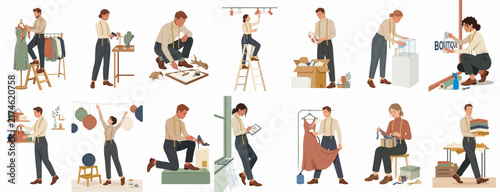 Set of diverse retail and fashion industry professional characters performing various daily tasks in a boutique or clothing store environment.