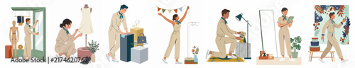 Collection of diverse creative professionals working in fashion design, retail display, and interior styling projects on a white background.