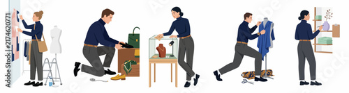 Flat illustration of diverse fashion professionals working in a studio or retail store, including designers, visual merchandisers, and shop assistants.