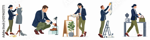 Collection of flat vector illustrations depicting professional retail and design employees working in different roles, isolated on a white background.
