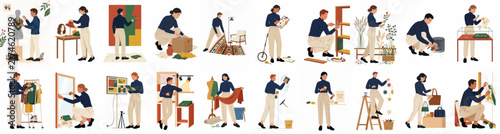 Collection of flat vector characters engaged in diverse creative hobbies and professions, including art, gardening, tailoring, woodworking, and small business activities.