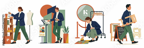 Vector Illustration Set of Diverse Retail Professionals Working in Boutique Clothing Stores and Modern Interior Design Shops