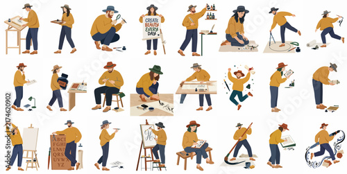 Set of 21 flat illustrations featuring diverse artists and creators engaged in various creative activities like painting, drawing, calligraphy, and sketching.