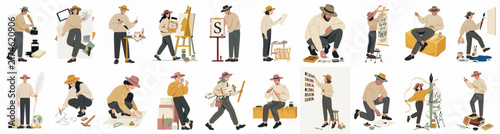Illustration set of people engaged in various creative hobbies and artistic activities like painting, gardening, and music, isolated on a white background.
