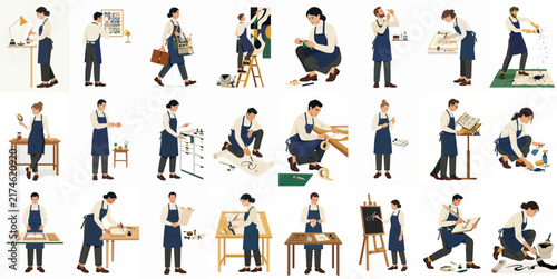 Collection of diverse artisans, craftsmen, and artists in blue aprons performing various manual tasks and creative works in a flat vector style.
