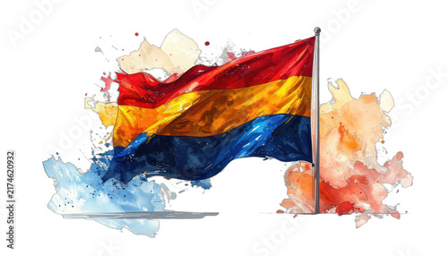 A vibrant, abstract watercolor painting of a waving flag with red, yellow, and blue stripes against a dark backdrop. isolated on white background.